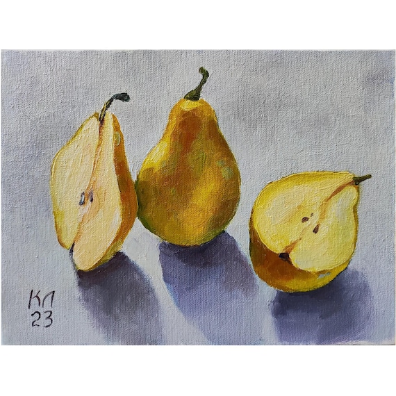 洋梨の油絵：キッチンの静物画、オリジナルアート（キャンバスボード 7
