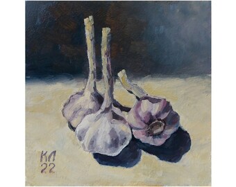 Garlic Oil Painting: Small Kitchen Still Life Art (7.8x7.8 in)
