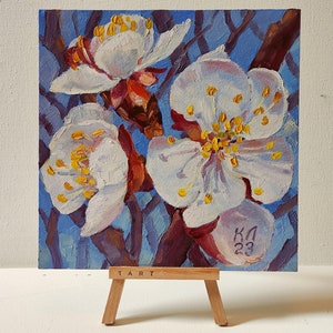 Pintura a óleo de flor de damasco 7,8 x 7,8 pol., pequena obra de arte, ramo de damasco