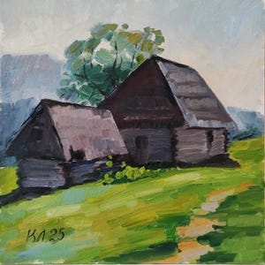 Paisaje urbano ucraniano, pintura al óleo de montaña, paisaje rural 9,8 x 9,8 en cartón