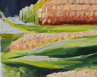 トウモロコシの静物油絵：キッチン野菜アート、11.8インチ×11.8インチ