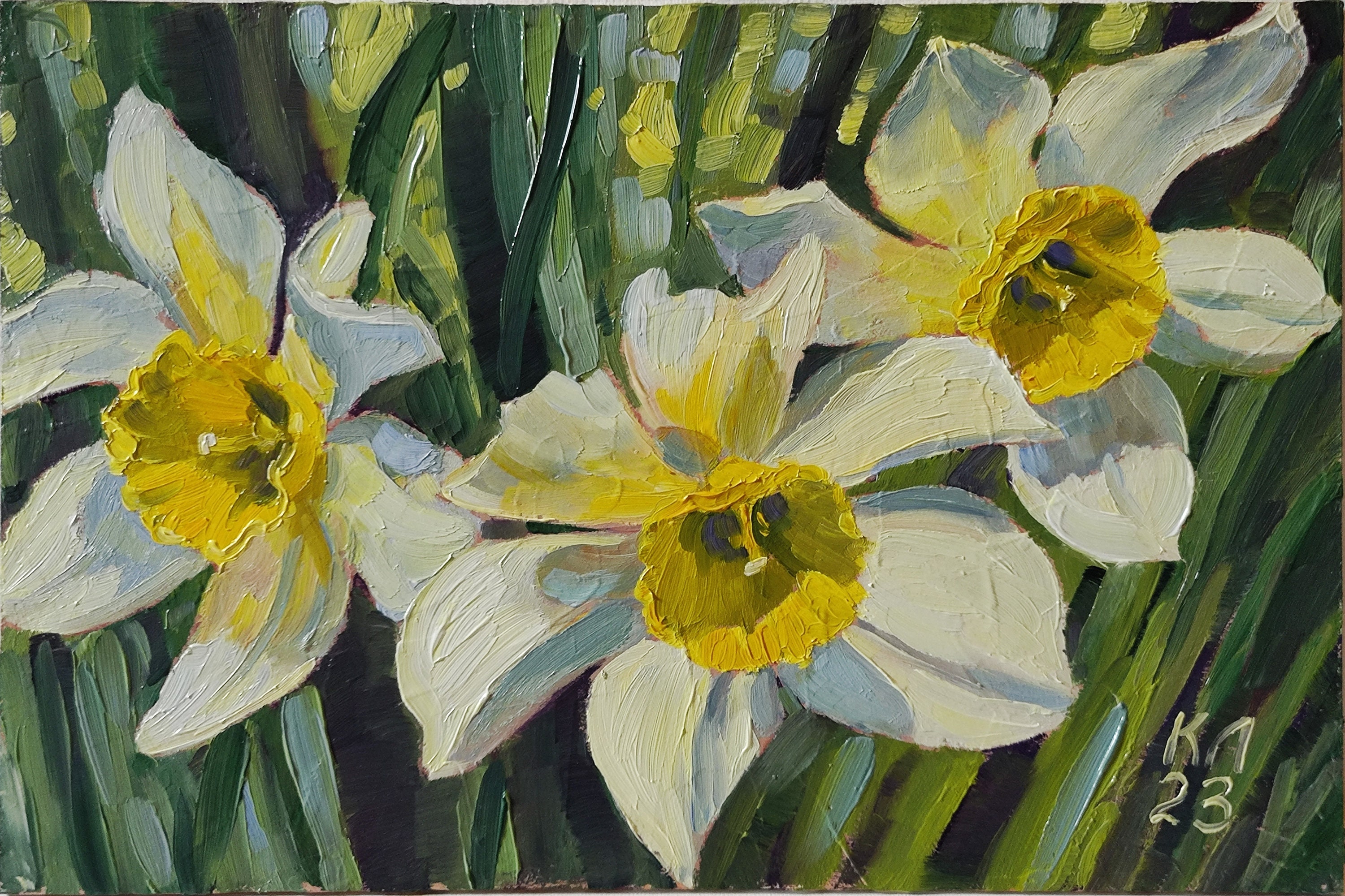 水仙の花の油絵：花の風景画（下地処理済みキャンバスパネル 8×12
