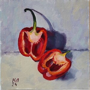 Peinture à l&#39;huile de poivron rouge : nature morte de cuisine originale, 9,84 x 9,84 pouces