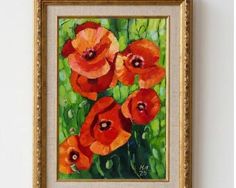 オリジナルの赤いポピーの油絵、花の静物画、8x8キャンバスアート