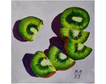 Oil painting Kiwi , Fruit still life, wall art for kitchen 7.8 X 7.8 in
