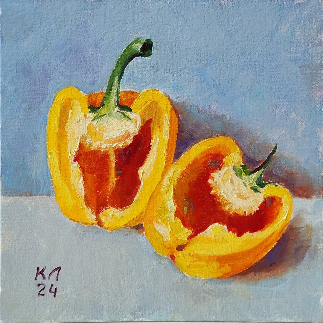 油絵、絵画、静物画 イエローペッパーの油絵：小さなキッチンの静物画（7.8インチ