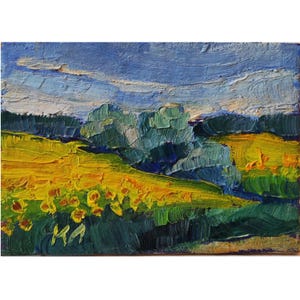 Pintura a óleo ACEO, cartão ACEO, paisagem de girassol, pintura a óleo floral, campo de outono, belas artes florais, 3,5 x 2,5 pol.