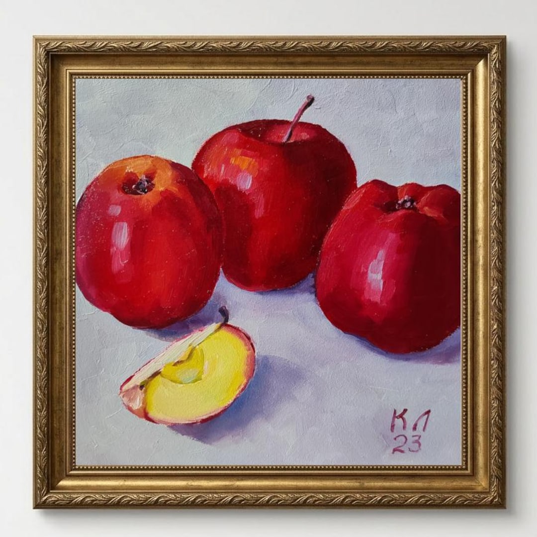 Red Apple Still Life, Small Kitchen Oil Painting, Canvas Board 8 X