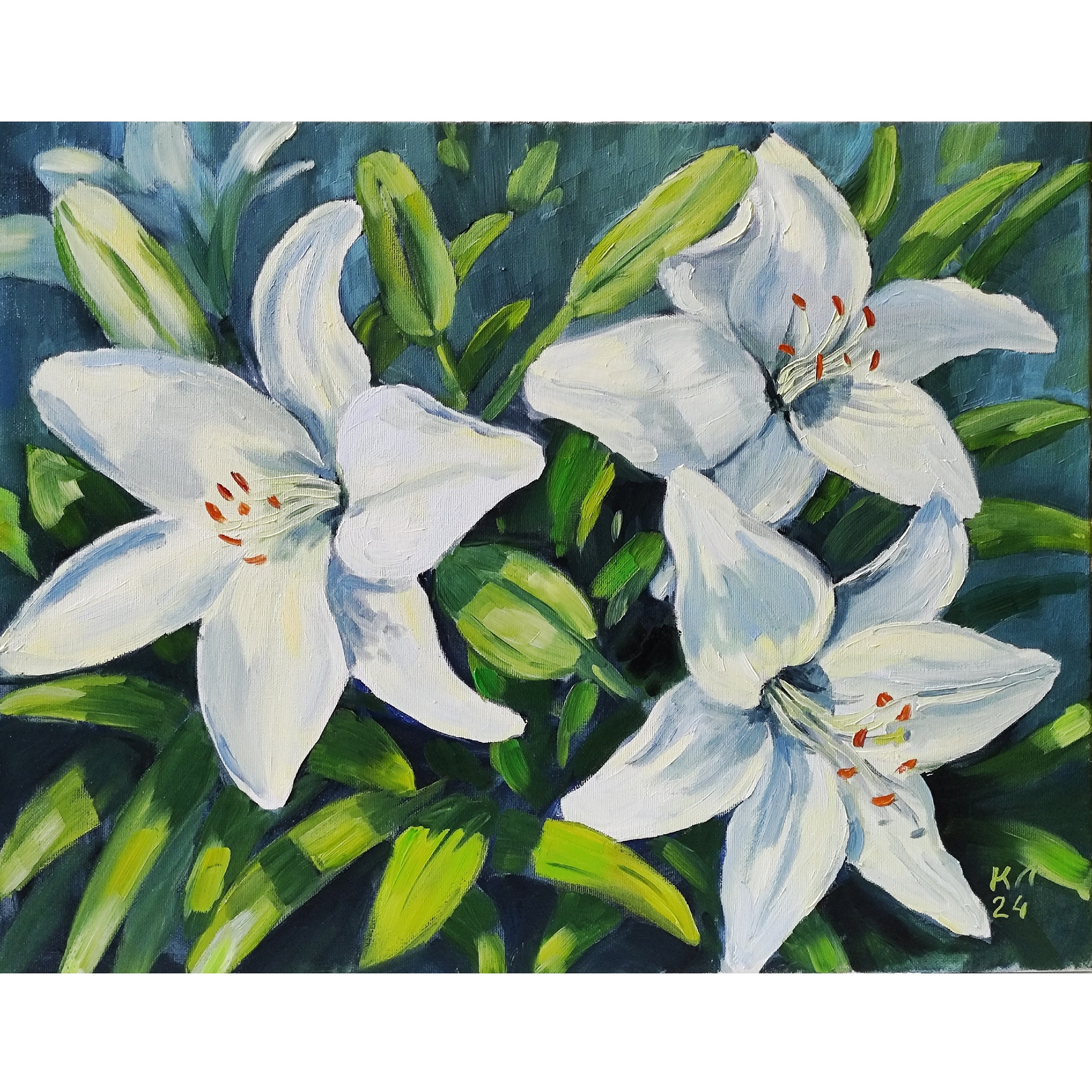 白いユリの貼り絵 油絵、白いユリの花、花の風景、13.8 x 17.7 インチのキャンバスに張