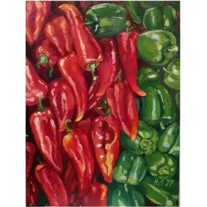 Pintura a óleo original, Pimentões vermelhos e verdes, pintura a óleo sobre papelão 15,7 X 11,8 pol.