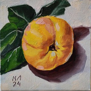 Quince Still Life Oil Painting: Kitchen Fruit Art, 6x6