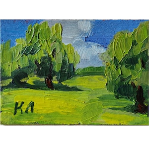 Tarjeta ACEO, paisaje de verano, pintura al óleo ACEO, pintura al óleo floral, campo de verano, bellas artes florales, 3,5 x 2,5 pulgadas