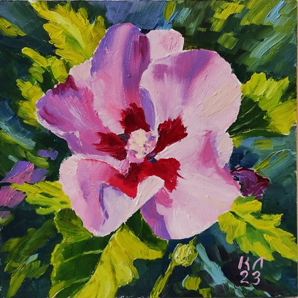 Peinture à l'huile de fleurs d'hibiscus 19,4 x 19,8 cm, oeuvre d'art florale, petite peinture d'hibiscus, paysage de fleurs