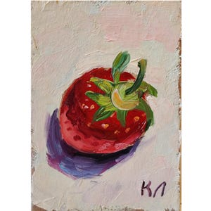 Peinture à l'huile ACEO, carte originale ACEO fraise, peinture à l'huile fraise 2,5 X 3,5 pouces, petite oeuvre d'art de fruits