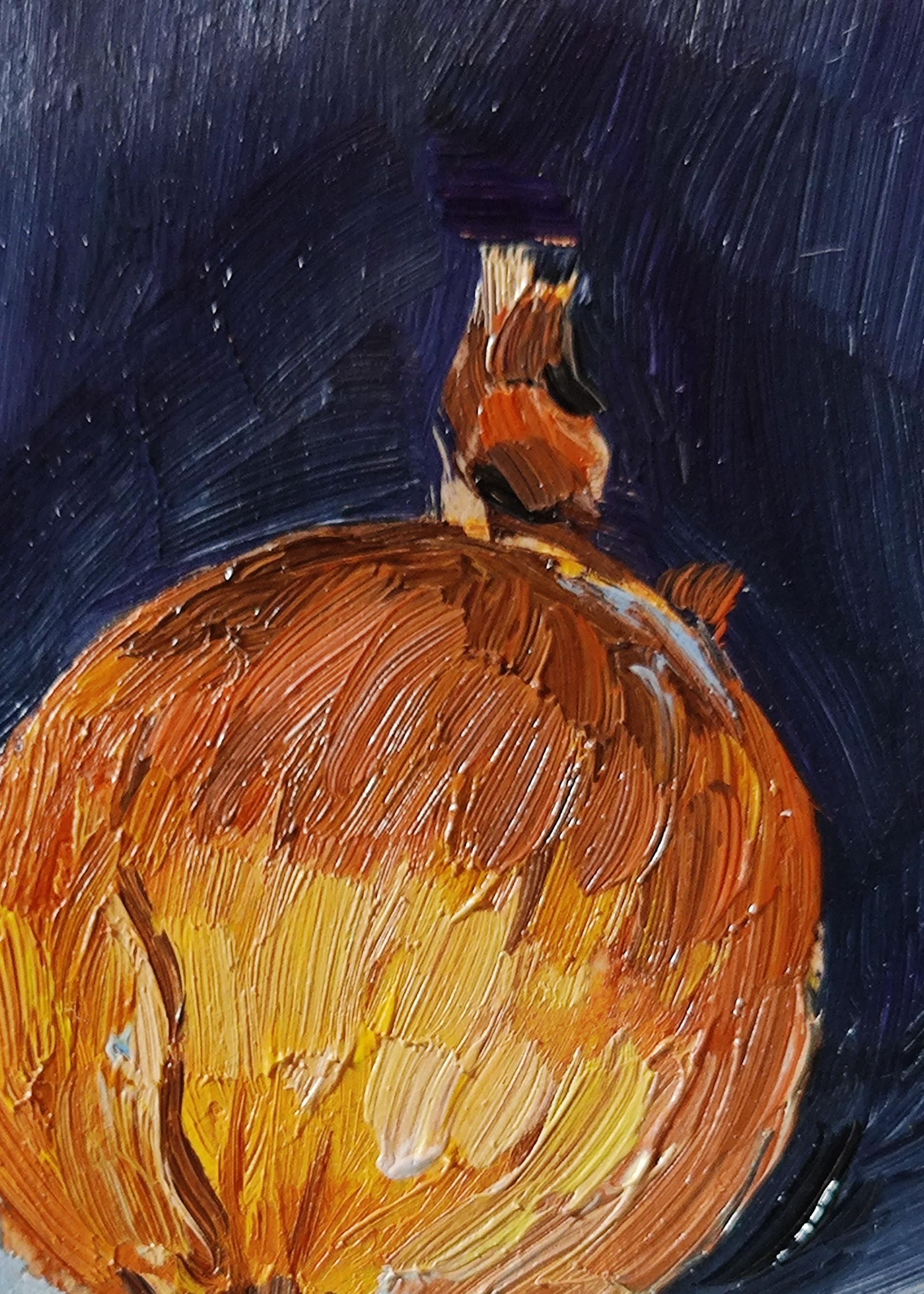 タマネギの静物画：ACEO 油絵、キッチン装飾（2.5 x 3.5 インチ