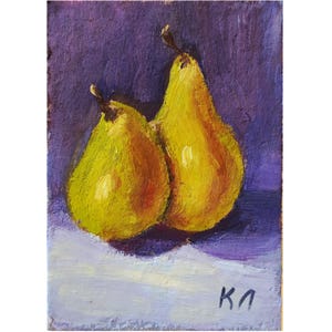 Carta ACEO di pere, dipinto a olio ACEO di pere, dipinto a olio di frutta 2,5 X 3,5 pollici, piccola opera d'arte di frutta, natura morta