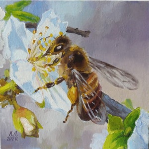 Bee on Flower Oil Painting: Original Animal Landscape Art