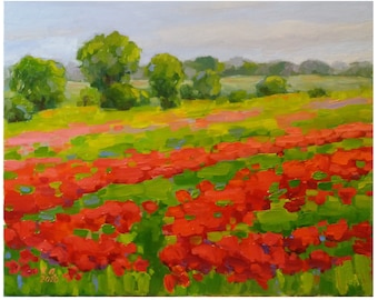 Poppy Field oil painting, tree landscape, oil on stretched canvas