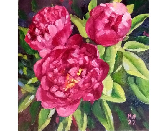 絵画 油絵　牡丹 ピンクの牡丹の油絵 11.8 X11.8 インチ、キャンバスに描かれた花の