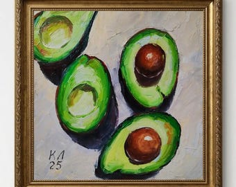 アボカドの絵画、アボカドのオリジナル静物油絵、8x8インチの