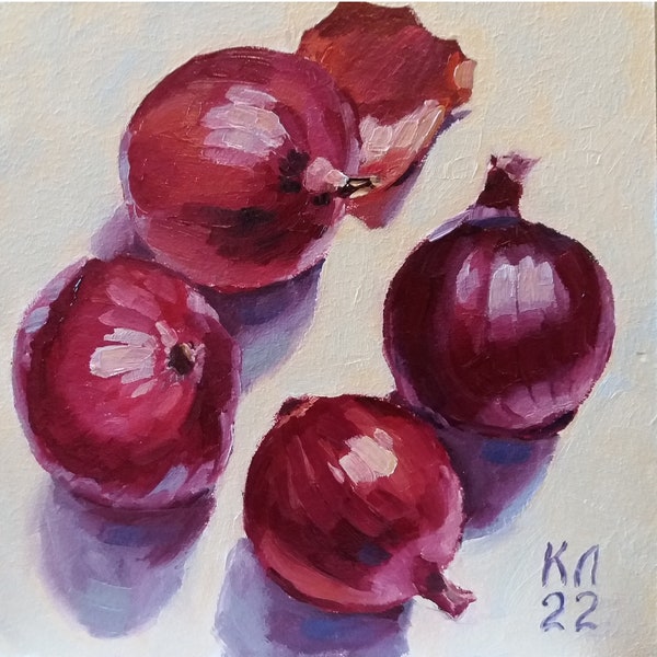 Oil painting, Onion, Small still life for kitchen, red onion