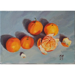 Tangerine oil painting 9.8 X 13.8 in,  Citrus still life, stretched canvas, decor for kitchen, fruit wall decor, citrus fine art