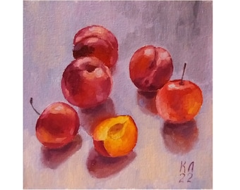 Original Plum Still Life Oil Painting: Kitchen Fruit Art (7.8x7.8 inch)