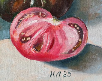 トマトの油絵：キャンバスに描かれたキッチンの静物画（7.8 x 11.8