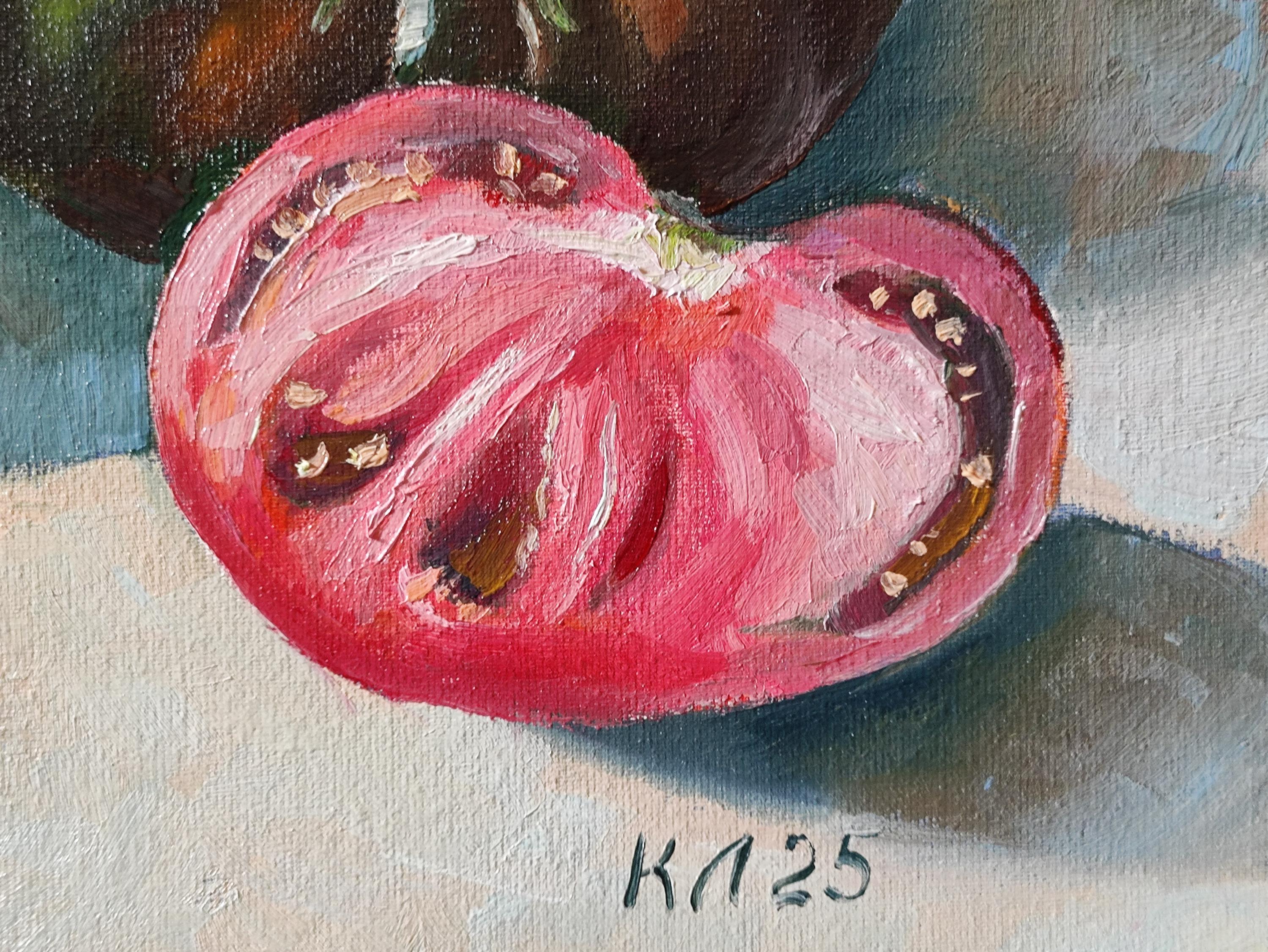 トマトの油絵：キャンバスに描かれたキッチンの静物画（7.8 x 11.8