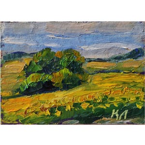 Cartão ACEO, paisagem de girassol, pintura a óleo ACEO, pintura a óleo floral, campo de outono, belas artes florais, 3,5 x 2,5 pol.