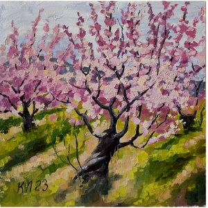 Paisagem de primavera ucraniana, pintura a óleo, pessegueiros, 11,8 x 11,8 pol.