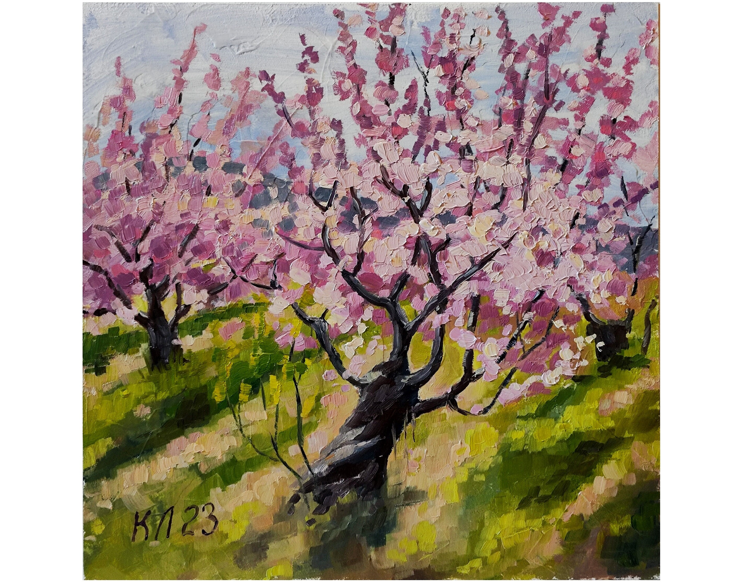 Ukrainian spring landscape, Oil painting, Peach trees, 11.8 Х 11.8 in