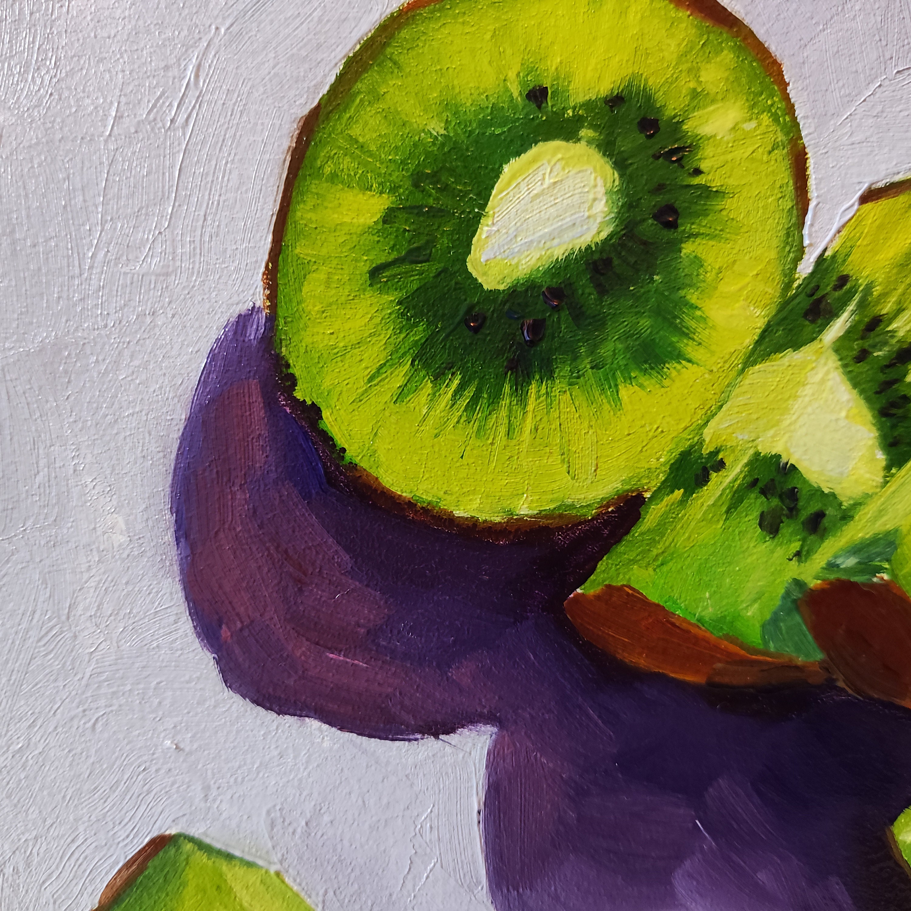 キウイ油絵：キッチン用の小さなフルーツの静物画（7.8 x 7.8インチ