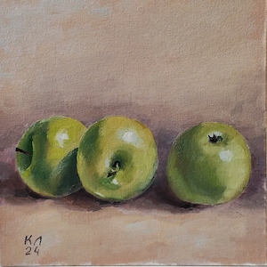Oil painting, Green apple still life on canvas board, 9.8 X 9.8 in, Small still life, decor for kitchen,