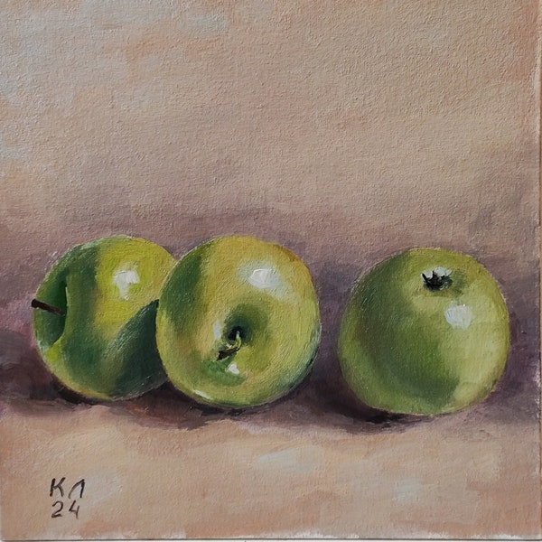 Peinture à l'huile, Nature morte pomme verte sur carton toile, 9,8 X 9,8 po, Petite nature morte, décor pour cuisine,