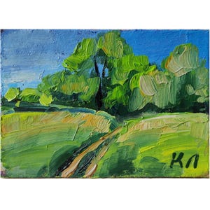 ACEO-kaart, zomerlandschap, ACEO-olieverfschilderij, bloemenolieverfschilderij, zomerveld, bloemsierkunst, 3,5 x 2,5 in