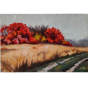 Paisaje de otoño, pintura al óleo original de otoño, cuadro pequeño, cartón 7,9 x 11,8 pulgadas