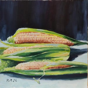 Corn Still Life Oil Painting: Kitchen Vegetable Art, 11.8&quot;x11.8&quot;