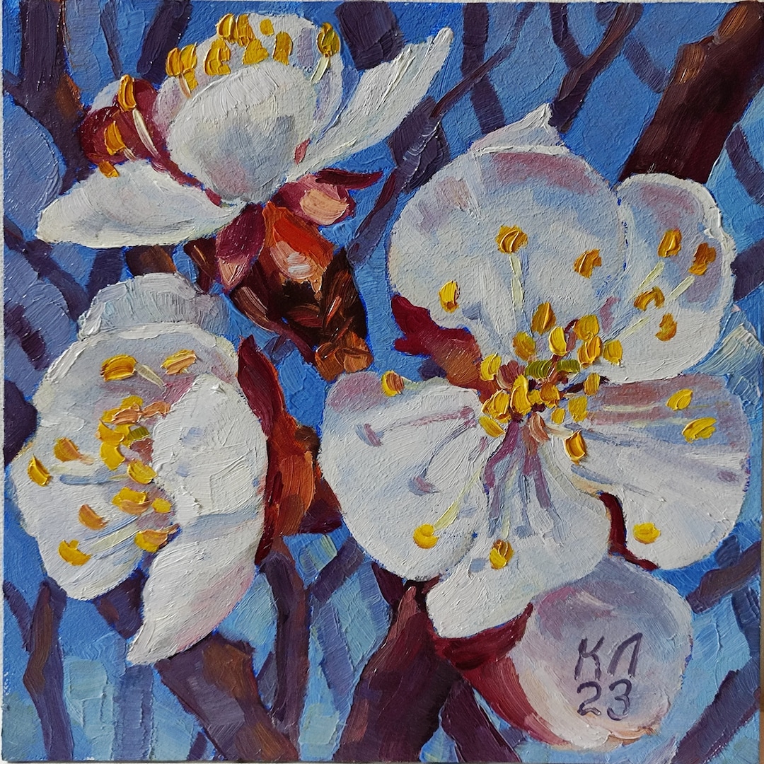 アプリコットブロッサムの油絵：小さな花のアート、段ボール8 x 8