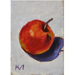 Carte ACEO pomme rouge, peinture à l'huile pomme ACEO, peinture à l'huile de fruits 2,5 x 3,5 pouces, petite oeuvre d'art de fruits, nature morte