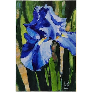 Blue Iris Oil Painting: Floral Landscape Art, 11.8x7.87&quot;