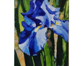 Blue Iris Oil Painting: Floral Landscape Art, canvas board 11.8x7.87"