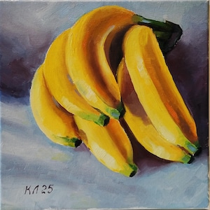 Banana Oil Painting: Fruit Still Life, Kitchen Decor (9.8 X 9.8 in)