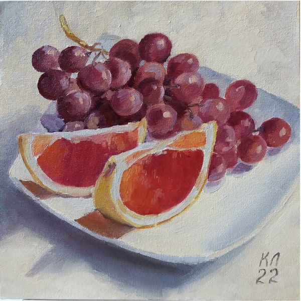 Peinture à l'huile de raisin et pamplemousse, nature morte de fruits sur toile enduite