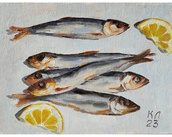 fish small oil painting, 7 X 9.84 in, food still life