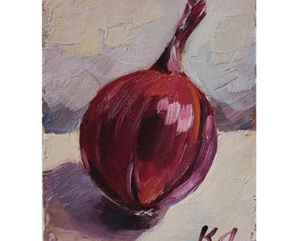 Red Onion Oil Painting ACEO: Kitchen Still Life Art (2.5 X 3.5 in)