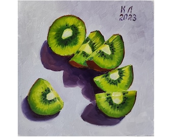 Kiwi Oil painting, Fruit still life for kitchen 7.8 X 7.8 in, small oil painting, wall decor