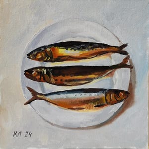 Fish Still Life Oil Painting: Kitchen Wall Decor, 11.8 in