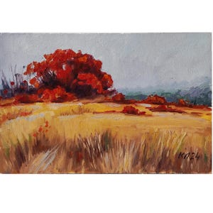 Paisaje otoñal, pintura al óleo original de otoño, cuadro pequeño, cartón 7,9 x 11,8 pulgadas