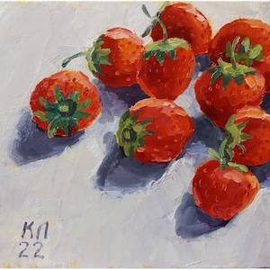 Peinture à l'huile de fraises, 7,08 X 7,8 cm, nature morte de fruits